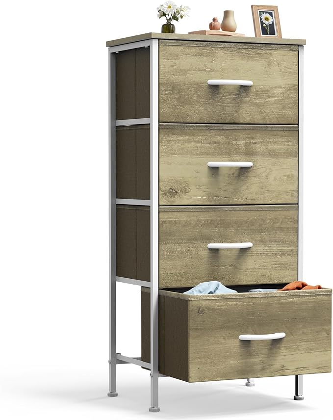 DUMOS Nightstand with 4 Drawers Bedside Table with Removable Fabric Bins Sturdy Steel Frame Wood Top Organizer Furniture for Bedroom Closet Living Room,Oak Greige by DumosLifestyle