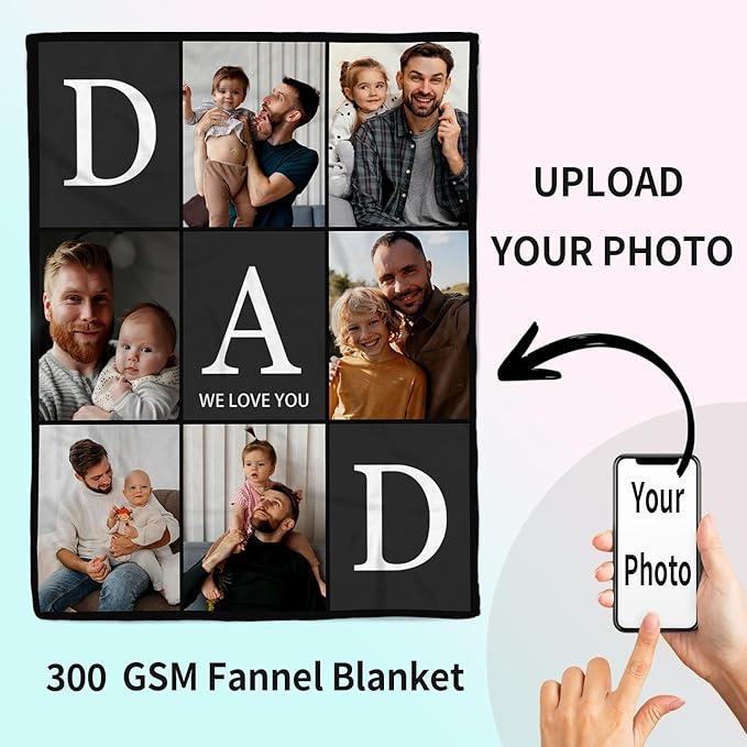 ROMANDY Ships Next Day Gift for Dad Custom Blanket with Picture Customized Banket Personalized Throw Blankets Customizable Photo Blankets Customize for Dad Husband Grandpa Papa