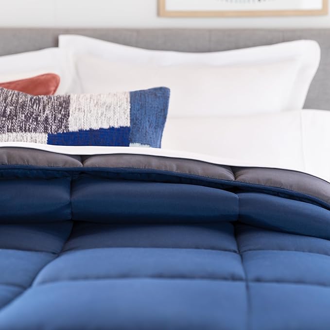 Linenspa Reversible Down Alternative Comforter and Duvet Insert, for Twin XL Size Bed – All-Season Comforter with Box Stitch and 8 Duvet Loops – Bedding for Kids, Teens, and Adults – Navy / Graphite