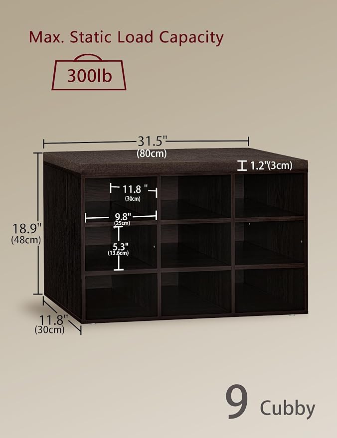 DINZI LVJ Shoe Bench, 9 Cubbies Shoe Organizer for Entryway, Storage Bench with Cushion, Cubby Shoe Rack with Adjustable Shelves for Living Room, Bedroom, Mudroom, Hallway, Espresso - Image 3