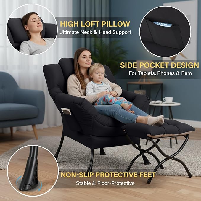 Cozy Lazy Chair and Ottoman, Large Peach Black Contemporary Accent Chair Set, Leisure Upholstered Reading Armchair for Office, Bedroom, Living Room, Dorm Rooms, Balcony