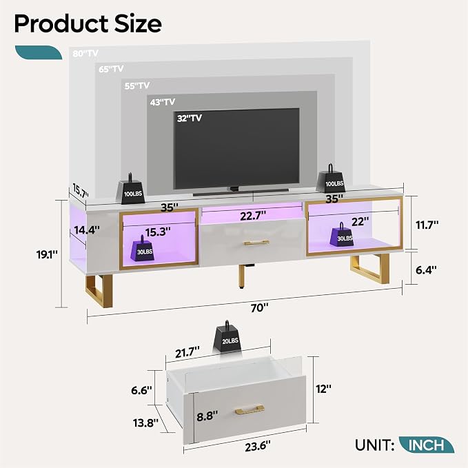 Bestier TV Stand with LED Light for TVs up to 80 Inch, Modern Entertainment Center with Open Storage and Half-Glass Design Drawer, High Gloss Media Console Table for Living Room Bedrom, White and Gold - Image 2