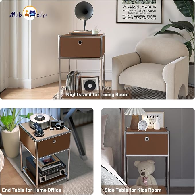 Brown Night Stand with Drawers:Modern Nightstand with Storage,Metal Heavy Duty Industrial Bed Side End Tables Living Room Sofa Couch Home Office Furniture,Kids Bedside Table Bedroom Small Space - Image 9