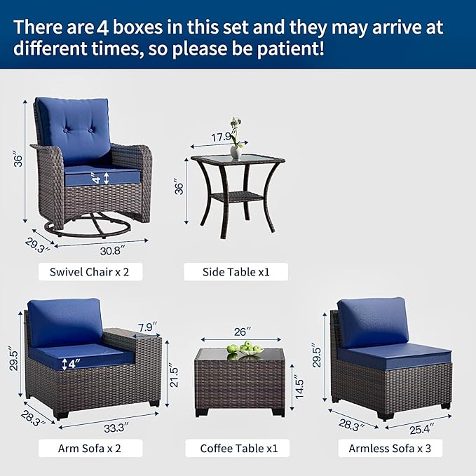 Gotland 9 Pieces Patio Furniture Set with 2 Swivel Chairs, 7-Seater Patio Furniture in 4 Combinations with Wide Armrests 29.5'' High Backrest, Wicker Outdoor Sectional for Deck Garden Pool Navy