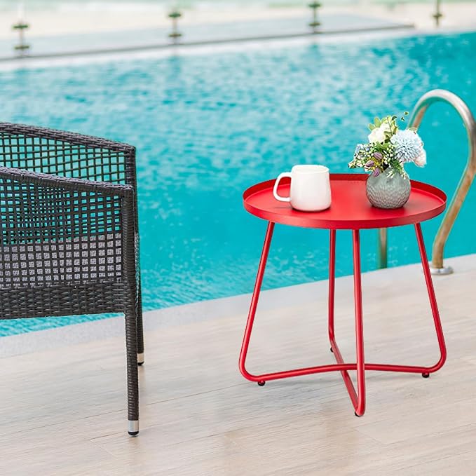 danpinera Outdoor Side Tables, Weather Resistant Steel Patio Side Table, Small Round Outdoor End Table Metal Side Table for Patio Yard Balcony Garden Bedside (Red) - Image 8