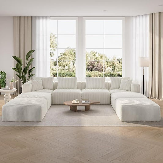 Novilla 141" Modular Sectional Sofa, Modern Cloud Sectional Couch with Smarts Coil® Support, U-Shape Boneless Couch for Living Room Apartments, No Assembly Required, Beige (4 Seat w/ 4 Ottoman)