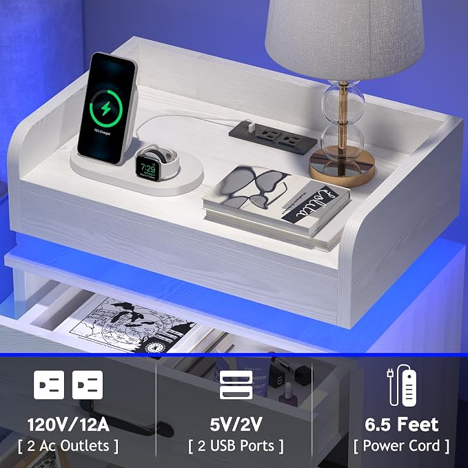 4ever2buy White Nightstand Set of 2 with Charging Station and LED Lights Modern Bedside Tables with 2 Drawers End Table for Bedroom - Image 4