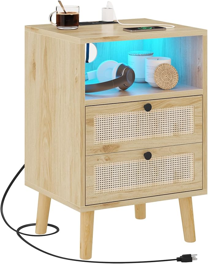 AOGLLATI Rattan Nightstands Set of 2 with Charging Station and LED, Boho Night Stand with 2 Drawers and Open Storage, Boho Wood Bedside Table for Bedroom - Image 9