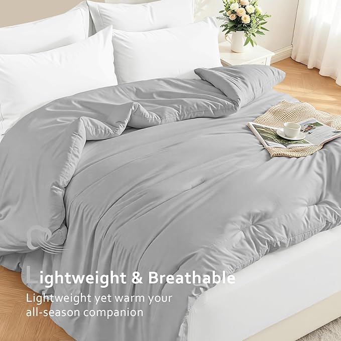 Comforters Full Size, All Season Quilted Bed Comforter, Ultra-Soft Down Alternative Duvet Insert with 4 Tabs, Lightweight Bedding Blanket - Machine Washable, Light Gray