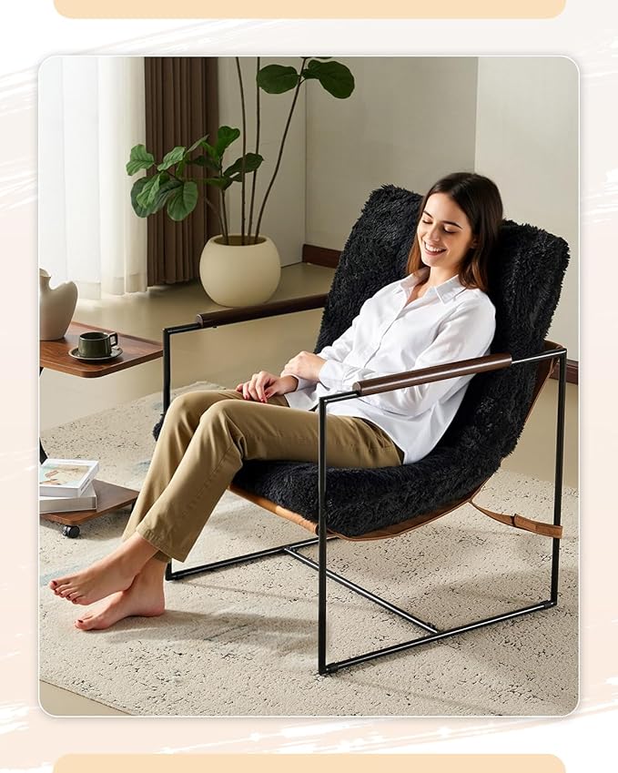 Karl home Modern Accent Chair Plush Fleece Upholstered Living Room Chair with Metal Frame Wooden Armrest Comfy Lounge Armchair for Living Room, Bedroom, Balcony, Reading Room, Black