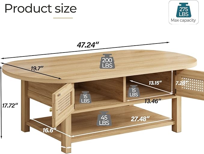LVB Rattan Coffee Table, Boho Wood Living Room Table with Storage, Oval Modern 2-Tier Cocktail Tea Table with Doors & Open Shelf, Farmhouse Vintage Center Tables for Bedroom Office, Light Oak, 47In