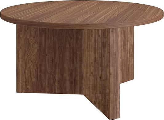 Henn&Hart 32" Round Wood Pedestal Coffee Table for Living Room, Family Room, Office, or Apartment, Medium Walnut
