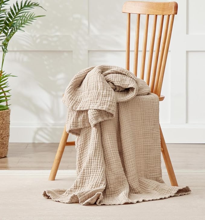 6 Layers Cotton Muslin Blankets Large, Lightweight Cotton Throw, Cooling Soft Throw Blanket for Year-Round Comfort, Breathable Quilt Bedspread, Gauze Weave Bedding for Adults, Oatmeal, Beige Linen
