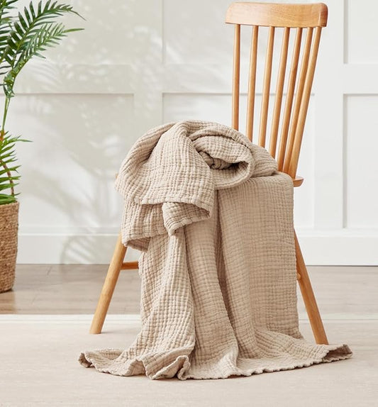 6 Layers Cotton Muslin Blankets Large, Lightweight Cotton Throw, Cooling Soft Throw Blanket for Year-Round Comfort, Breathable Quilt Bedspread, Gauze Weave Bedding for Adults, Oatmeal, Beige Linen