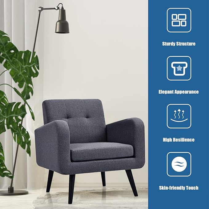 Giantex Upholstered Accent Chair Set of 2, Modern Mid Century Linen Fabric Living Room Chair with Arms, Max Load 265 Lbs, Comfy Tufted Single Sofa for Reading, Bedroom, Office, Club, Grey