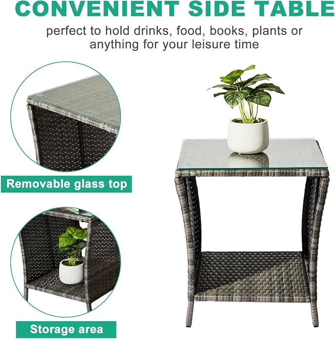 VINGLI Outdoor Wicker Side Table Patio Side Tables for Outside, Tempered Glass Top Wicker Table with Storage End Table for Balcony Porch Deck (Grey) - Image 5