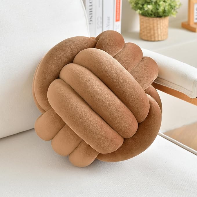 LUSJNGE Decorative Throw Knot Pillow Ball for Home Chair Sofa Couch Bed Aesthetic Round Velvet Knotted Pillow Cushion (Coffee, 11 inches)