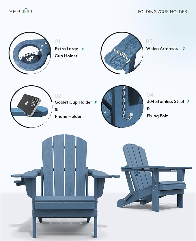 SERWALL Folding Adirondack Chair, HDPE Adirondack Chairs, Plastic Outdoor Chairs- Looks Exactly Like Real Wood- Navy - Image 8