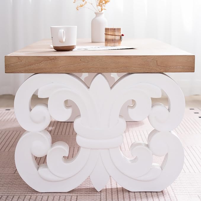 Rectangular Coffee Table with Natural Wood Top, Rustic Wooden Center Table with White Carved Base, Farmhouse Tea Table for Living Room Office Apartment,47.2" L x 23.6" W x 18" H