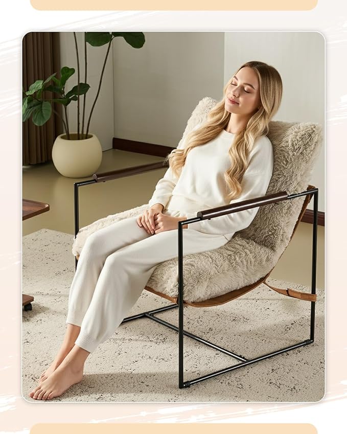 Karl home Modern Accent Chair Plush Fleece Upholstered Living Room Chair with Metal Frame Wooden Armrest Comfy Lounge Armchair for Living Room, Bedroom, Balcony, Reading Room, Khaki