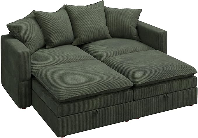 HONBAY Modular Sectional Sleeper Sofa, Corduroy 4 Seater Couch with Storage, Sectional Sleeper Couches for Living Room, Green