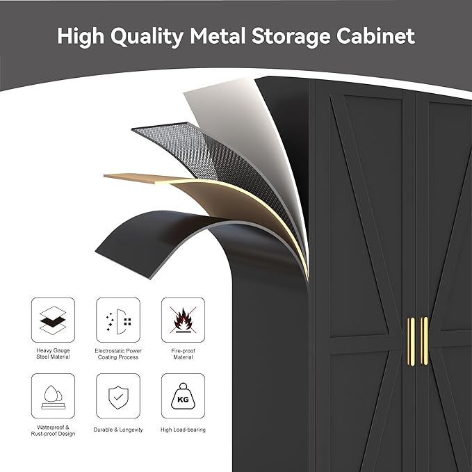 Metal Wardrobe Closet with Doors and Shelves, 71" Farmhouse Bedroom Armoire with Hanger Rod and Clothing Shelf, White Steel Wardrobe Cabinet Storage Clothes Closet
