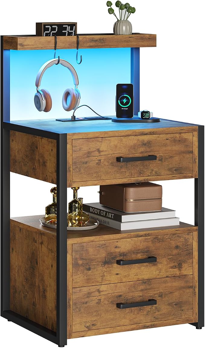 VIAGDO Led Nightstand with Charging Station, 3 Drawers Night Stands with Led Lights, Rustic Brown Bedside Tables with Storage Shelves, Modern End Side Tables for Bedroom, Office - Image 8