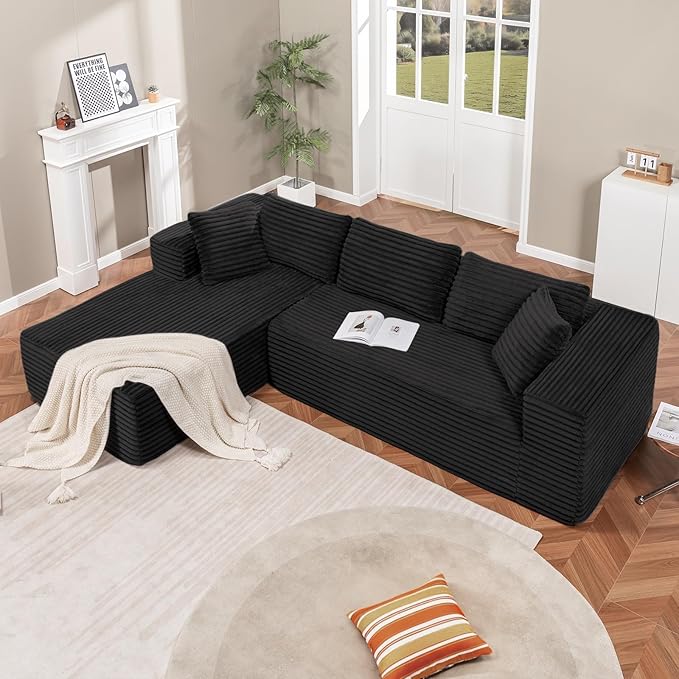 LUCKLIFE 108" Modular Sectional Couch with L-Shape Chaise,Corduroy Upholstery Boneless Couches for Living Room,Oversized Sleeper Sofa,No Assembly Required (Black, L Shape with Left Facing Chaise)