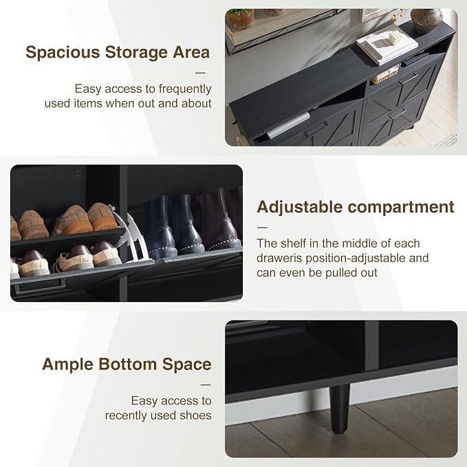 Shoe Storage Cabinet, Farmhouse Shoe Organizer with 4 Flip Drawers & Barn Door,Freestanding Hidden Slim Narrow Shoe Rack with Open Shelves for Entryway, Foyer, Hallway, Black - Image 5