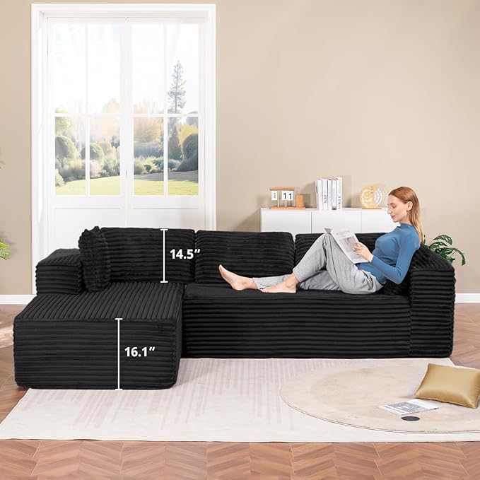 LUCKLIFE 108" Modular Sectional Couch with L-Shape Chaise,Corduroy Upholstery Boneless Couches for Living Room,Oversized Sleeper Sofa,No Assembly Required (Black, L Shape with Left Facing Chaise)
