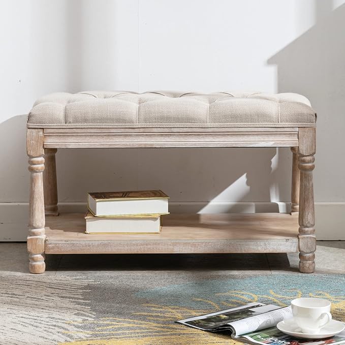 Farmhouse Storage Bench Wooden Entryway Linen Upholstered Ottoman Button Tufted Bench for Bedroom End of Bed Hallway Organizer, Beige, 32 Inch by Janoray