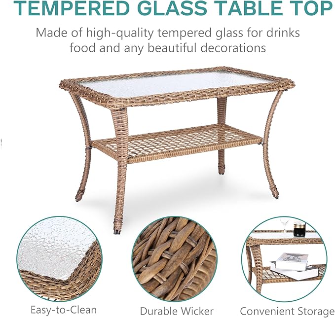 MEETWARM 5 Pieces Outdoor Wicker Patio Conversation Sets with Glider Loveseat, 2 Chairs with 2 Glass-Top Coffee Table Wicker Rocking Glider Set, Wicker Conversation Set with Thickened Cushions, Beige