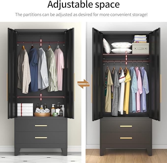 75.3" Tall Metal Armoire Wardrobe Closet with 2 Doors and 2 Drawers, Adjustable Hanging Rod and Adjustable Shelf, Freestanding Storage Cabinet Organizer for Bedroom, Office, Laundry Room，Black