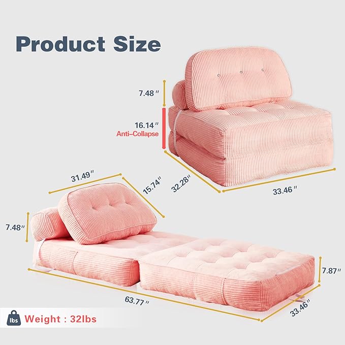 Folding Sofa Bed, Flannel Futon Couch Bed with Pillow and Blanket, Convertible Sleeper Chair for Living Room Bedroom (Two Pink)