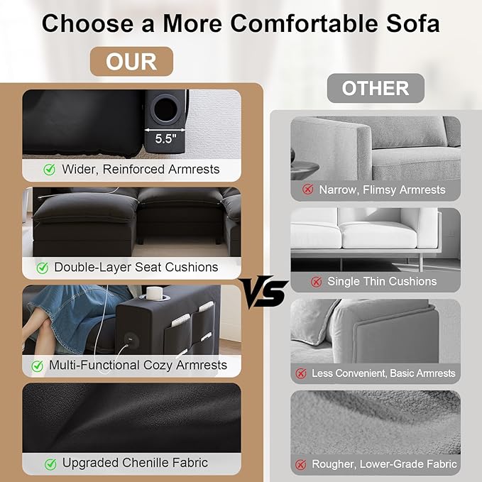 80.7" Modular Sectional Sofa, L Shaped Cloud Couch with Movable Ottoman, Chenille Deep Seat Cloud Sofa with Charging Station, Cup Holder, Side Pocket, Sectional Couches for Living Room, Black