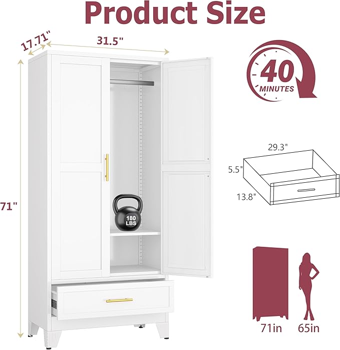 GAIOUS Steel Armoire Wardrobe Closet with 2 Doors, 71" Household Wardrobe Cabinet with Hanging Rod and Drawers, Metal Clothing Storage Cabinet with Adjustable Shelf for Bedroom, Cloak Room, Gym(White)