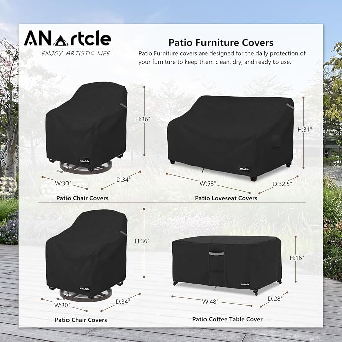 ANartcle Patio Furniture Covers 4 Piece Set, 600D Waterproof Heavy Duty Outdoor Furniture Covers,Fit Wicker Patio Loveseat, Swivel Rocker Chair and Coffee Table,Black - Image 2