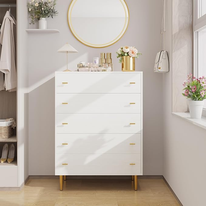 Farmhouse 5 Drawers Dresser for Bedroom, 44 in Tall White Dresser Wood Rustic Chest of Drawers with Large Drawers & Bar Handles,Natural Texture,Drawer Organizer for Living Room,Hallway and Entryway - Image 4