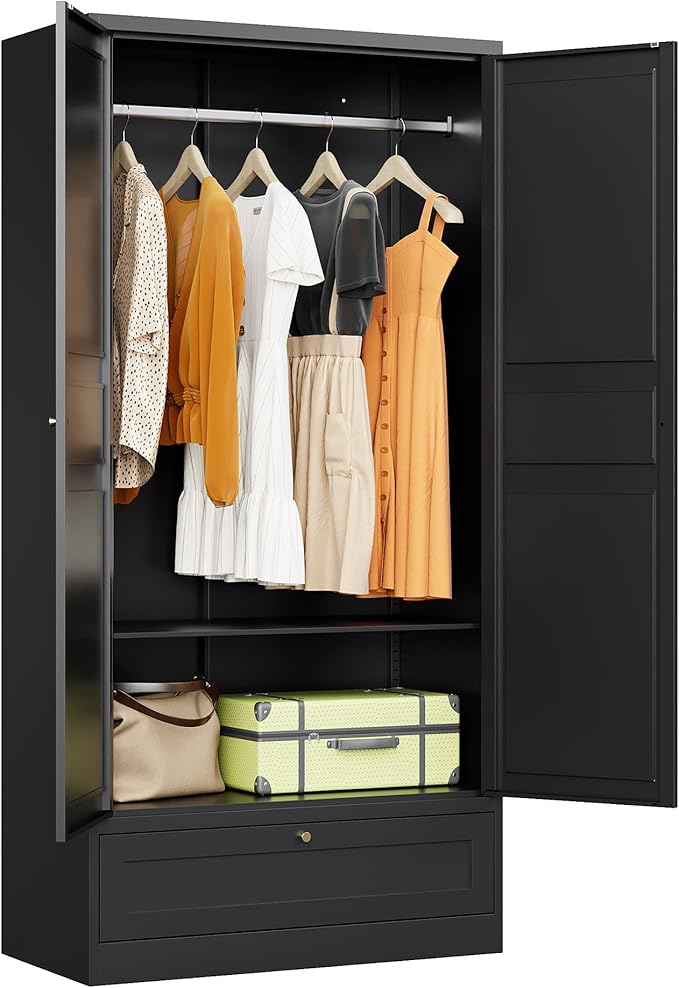 SISESOL Metal Wardrobe Cabinet with Drawer,Armoire Wardrobe Closet with Doors,Black Metal Clothing Storage Cabinet with Adjustable Shelves and Hanging Rod for Home,Bedroom Armoires