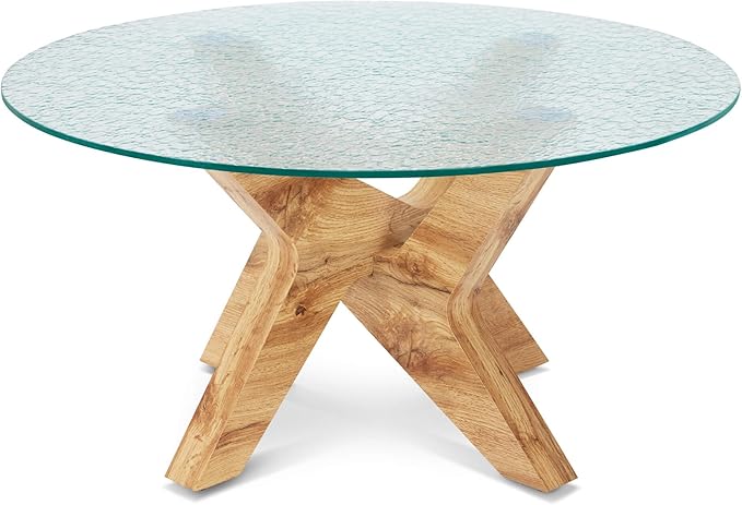 ivinta Round Glass Coffee Table, 31.5" Modern Small Center Table with Water Ripple Tempered Glass and MDF Legs for Living Room Home Office, Tree (Natural)