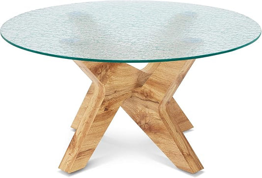 ivinta Round Glass Coffee Table, 31.5" Modern Small Center Table with Water Ripple Tempered Glass and MDF Legs for Living Room Home Office, Tree (Natural)