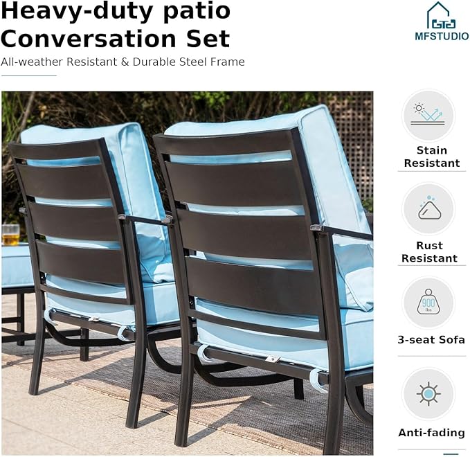 MFSTUDIO 5 Pieces Patio Conversation Sets,Outdoor Metal Furniture Sofas with 1 x 3-Seat Sofa, 2 x Rocking Chairs,2 x Ottoman,Wrought Iron Frame with Blue Cushion for Patio Courtyard Balcony
