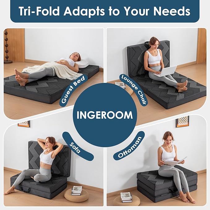 INGEROOM Foldable Mattress Full - Memory Foam 6 inch Trifold Mattress for Camping, with Portable Handle, Non-Slip Folding Floor Bed Sofa for Guest Travel Yoga, Washable Breathable Cover