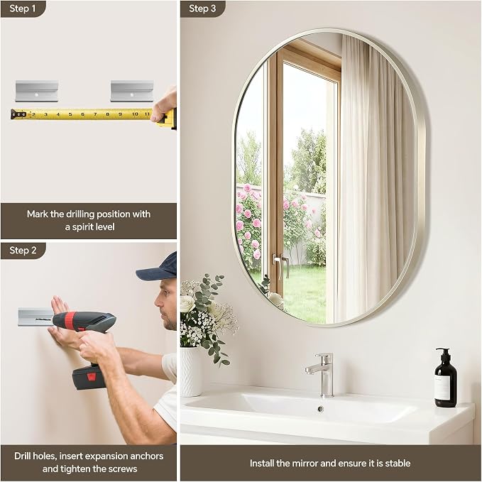 Brushed Nickel Oval Mirror, 22x30 Inch Oval Bathroom Mirror, Mirror for Wall Decor, Vanity, Entryway, Living Room, Horizontally/Vertically - Image 5
