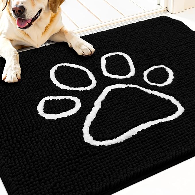 OLANLY Dog Door Mat for Muddy Paws 32x20, Paw Print Design, Absorbs Moisture and Dirt, Absorbent Non-Slip Washable Doormat, Quick Dry Chenille Mud Mat for Dogs, Entry Indoor Entryway Carpet, Black by OLANLY