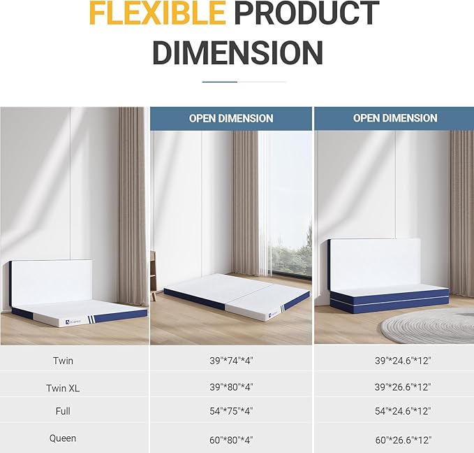 Avenco Foldable Mattress Twin, Folding Mattress 4 Inch Memory Foam, Trifold Mattress Portable with Removable Cover & Detachable for Guest Room/Caravan/Camping/Travel, Twin Size 75"x39"x4"