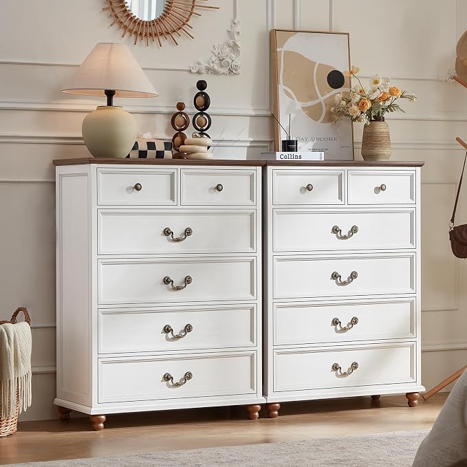 Joaxswe Farmhouse 6 Drawer Dresser Set of 2 for Bedroom, 42" Tall Rustic Chests of Drawers w/ 4 Solid Wood Feet, Mid Century Vintage Wooden Closet Storage Dressers Organizer for Living Room,White by Joaxswe