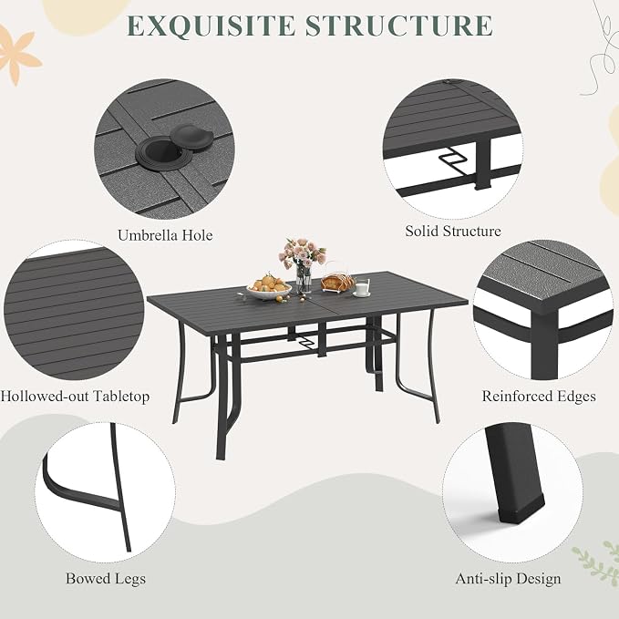 7 Pieces Patio Dining Set for 6, All Weather Outdoor Furniture Set, 63" Metal Dining Table with Umbrella Hole and 6 High Back Textilene Swivel Chairs for Deck Porch Lawn Poolside, Brown - Image 5