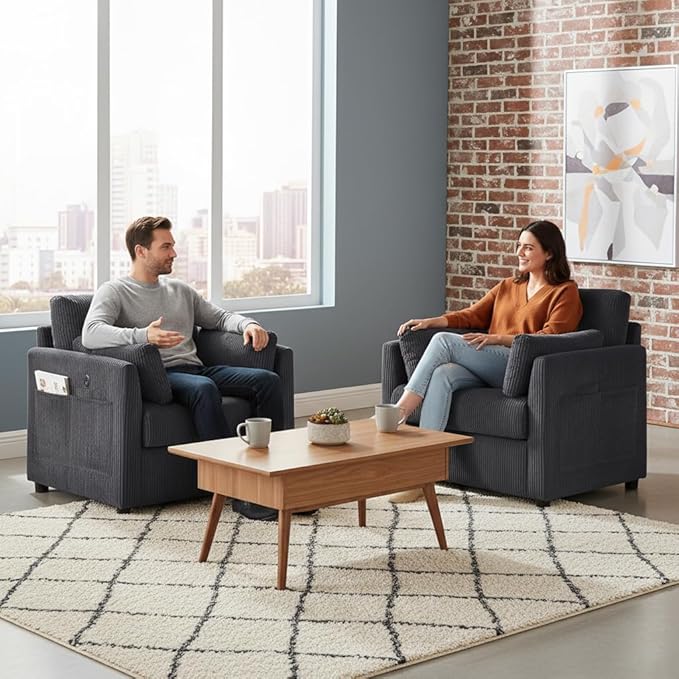 Modern Corduroy Accent Chairs, 38" W Comfy Armchair with Soft Pillows and Side Pockets, Single Reading Chairs for Living Room, Bedroom, Apartment, Grey