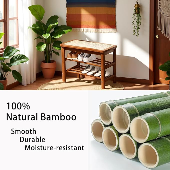 latifolia Shoe Rack Bench, 3-Tier Bamboo Shoe Bench with Breathable Rattan Seat Cushion, Shoe Storage Rack for Entryway(Walnut,23.62''L) - Image 4
